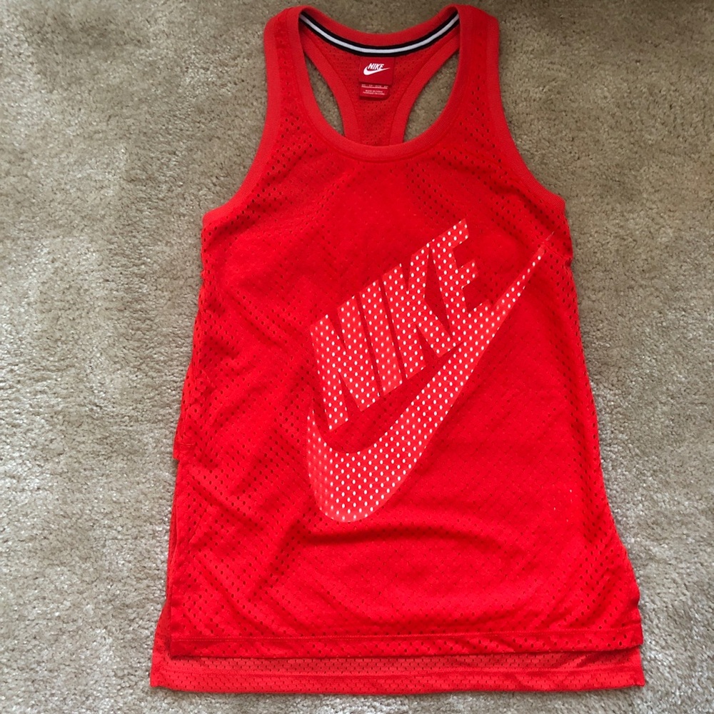 NIKE Red Logo Mesh Workout Tank Top Racerback Longer Length NEW